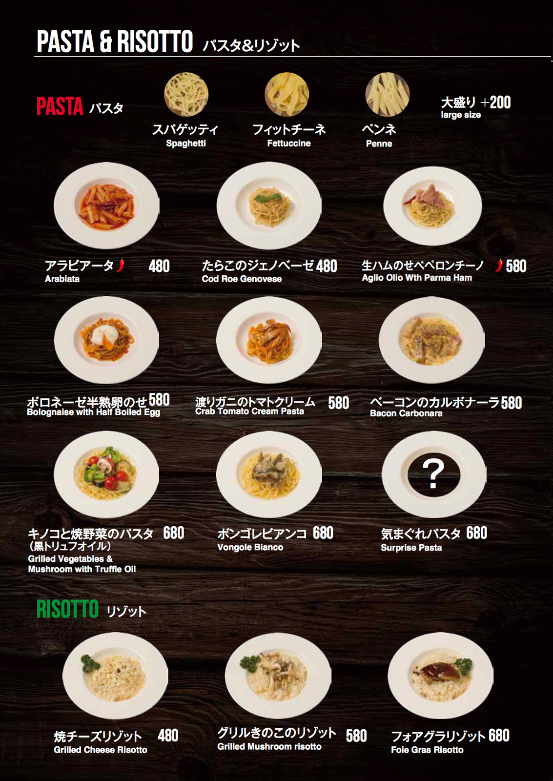 四条大宮イタリアンバル　トレオット　リゾット&パスタメニュー